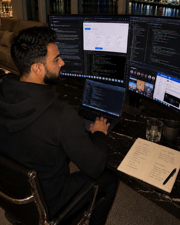 A syed.ai developer working across four monitors at night, with an AI system plan handwritten in a notebook