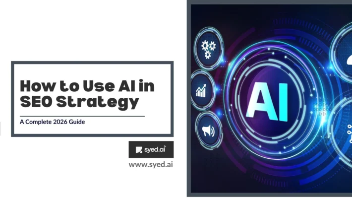 Title slide for a guide on using AI in SEO strategy, featuring futuristic AI-themed graphics and the website www.syed.ai.